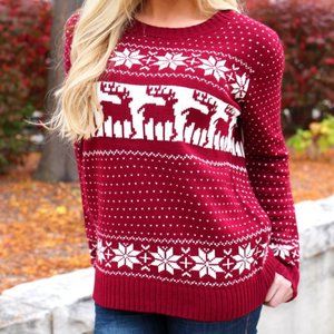 POL Isle Print Red Ugly Christmas Sweater Hearts Snowflakes Moose Reindeer L